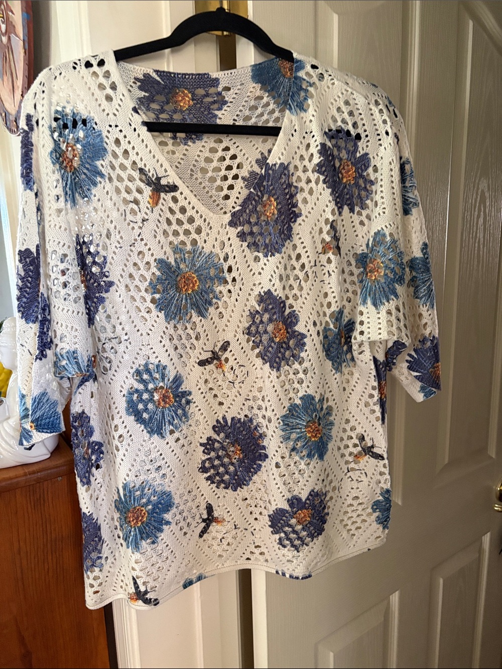 Floral Crochet Blouse in White & Blue Like New